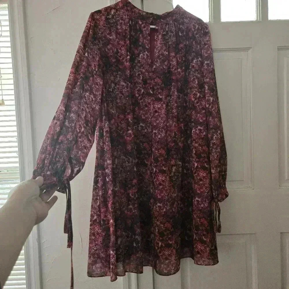 Mark + James Badgley Mischka Long Sleeve Trapeze Dress - Pink Multi Size 14 - Picture 6 of 12